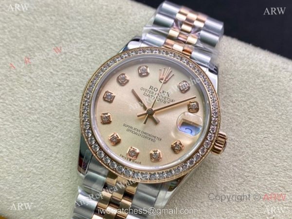Swiss Replica Rolex Datejust WF Salmon Diamond Jubilee Watch 31mm Mid-size 1