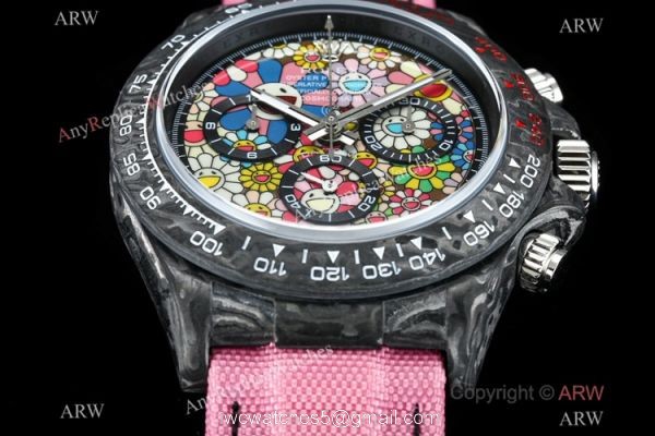 New! TW Swiss Rolex Carbon-Lime Daytona 7750 Watch Pink Fabric Leather Band 1