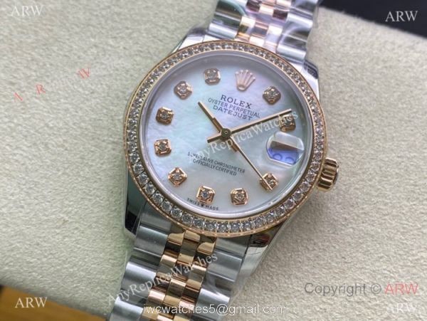 Swiss Copy Rolex Datejust 2-Tone Rose Gold Mop Dial Diamond watch 31mm Mid-size 1