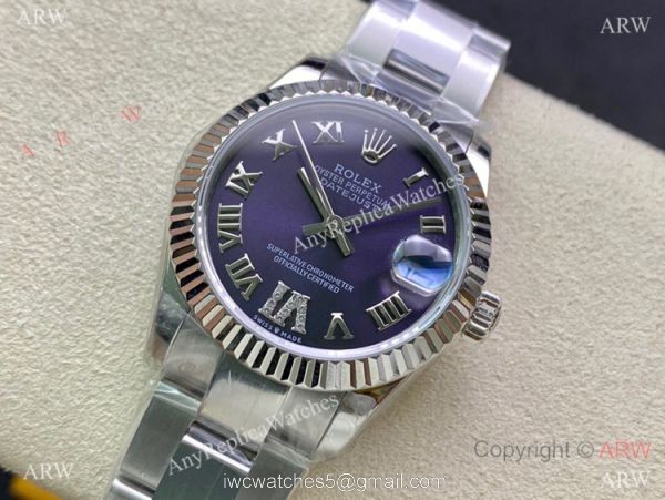 Swiss Copy Rolex Oyster Datejust 31mm Purple Roman Dial watch with VI Diamond 1