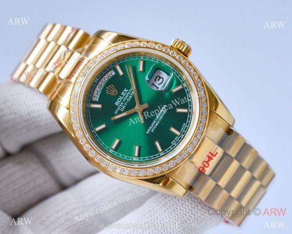 Swiss Replica Rolex Day-date President 36 Swiss 2836 Watch Olive Green Diamond Bezel 1