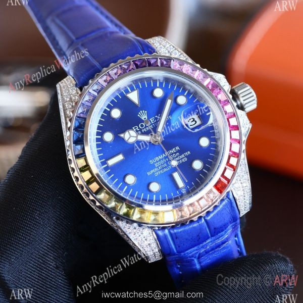 Top Replica Rolex Submariner Rainbow Bezel Red Leather Diamond Watch 1