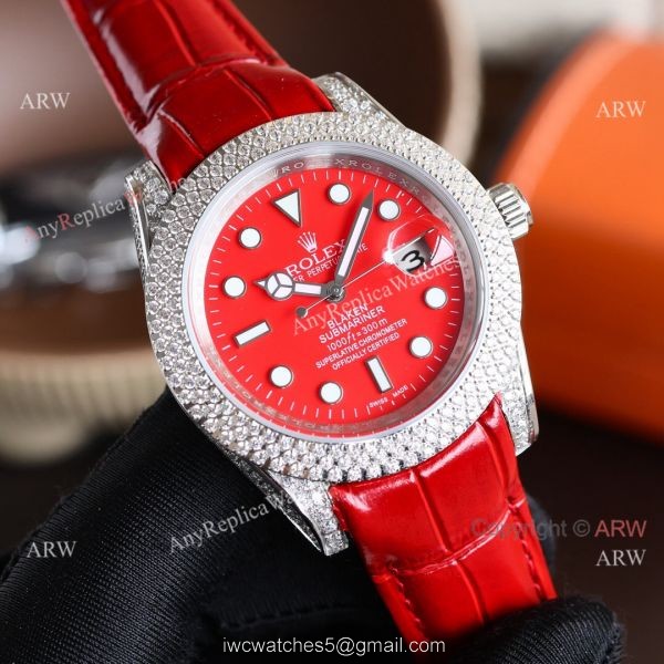 Rolex Submariner Diamond Bezel Red Face Leather Strap Citizen 8215 Watch 1