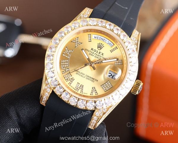 Replica Rolex Day-Date Diamond Gold Bezel Black Face 40 MM Watch 1