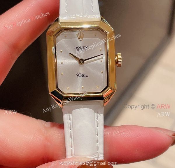 Replica Rolex Cellini White Face Gold Case Leather Strap 24MM Watch 1