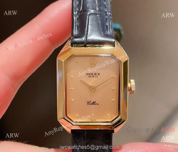 Replica Rolex Cellini 24MM Yellow Dial Gold Case Leather Strap Watch For Lady 1
