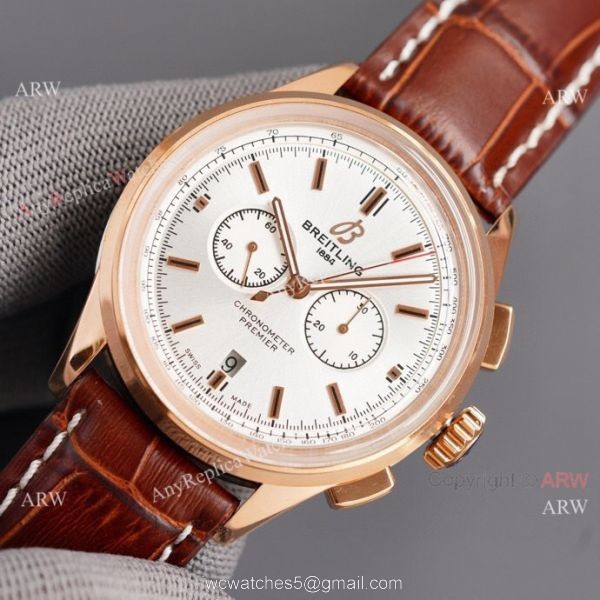 Copy Breitling Premier B01 Rose Gold Case Brown Leather Strap 42MM Men Watch 1