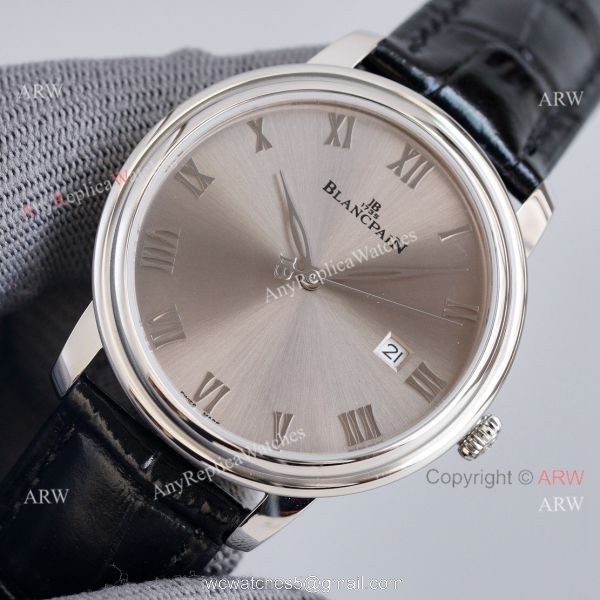 Fake Blancpain Villeret Gray Face 40MM Watch With Roman Markers Leather Band 1