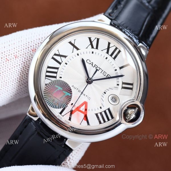 Copy Balloon Blue Cartier SS Silver Face Watch with Black Leather Strap 1