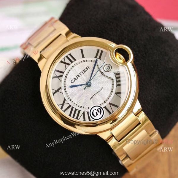 Replica V6 Cartier Balloon Blue Rose Gold Case White Face Watch SS Strap 1