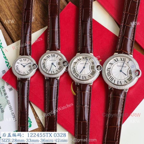 Replica V6 Cartier Balloon Blue Diamond Bezel White Face Watch Brown Leather Strap 1