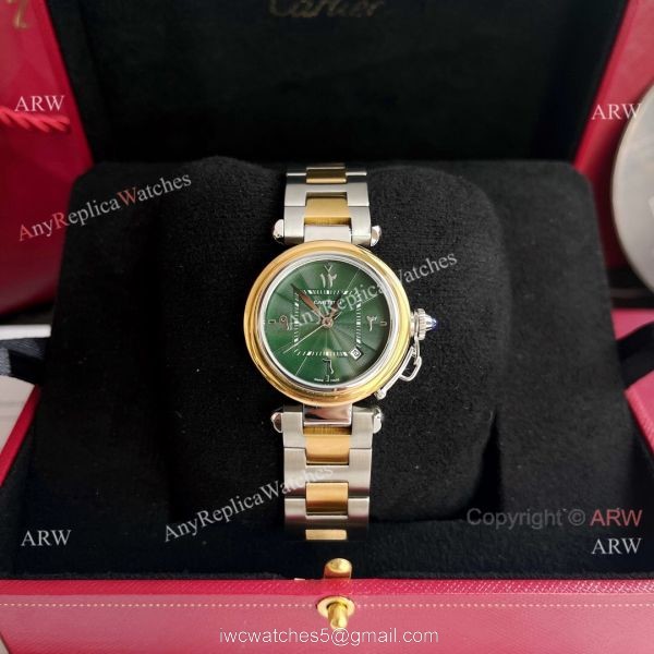 Replica Cartier Pasha Deep Green Dial 2-Tone Gold Watch With Arabic Markers 1