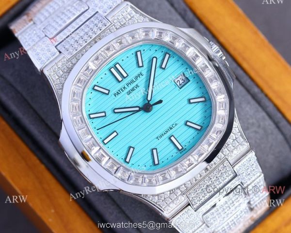 Iced Out Patek Philippe Nautilus Tiff-any Baby Blue Diamond Band Watch Cal.324 40mm 1