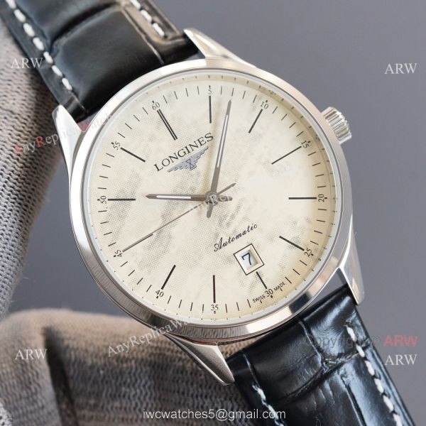 Replica Longines Elegant Gray Meteorite Texture Dial Black Leather Strap Watch 8215 Movement 1