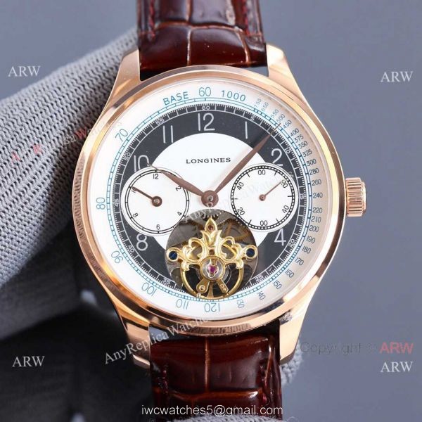 Copy Longines Master Tourbillon Rose Gold Case Black Face Leather 42MM Watch 1