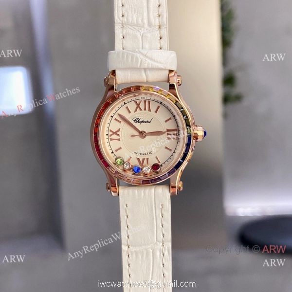 Replica Chopard Happy Sport Quartz 30mm Watch Rainbow bezel Rose Gold 1