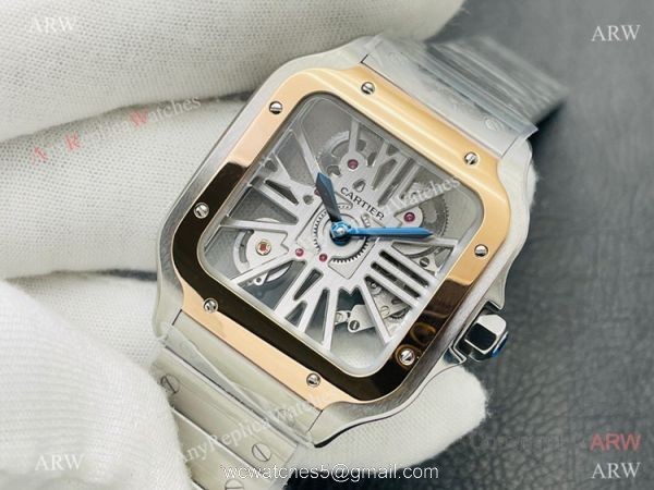 V8 Factory Super Clone Cartier Skeleton Santos Swiss Ronda4S20 Watch Two Tone Rose Gold 1