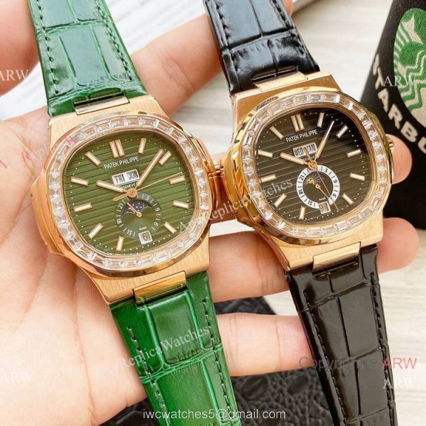 Clone Patek Philippe Annual Calendar Nautilus Watch Brown Leather Strap Diamond Bezel 1