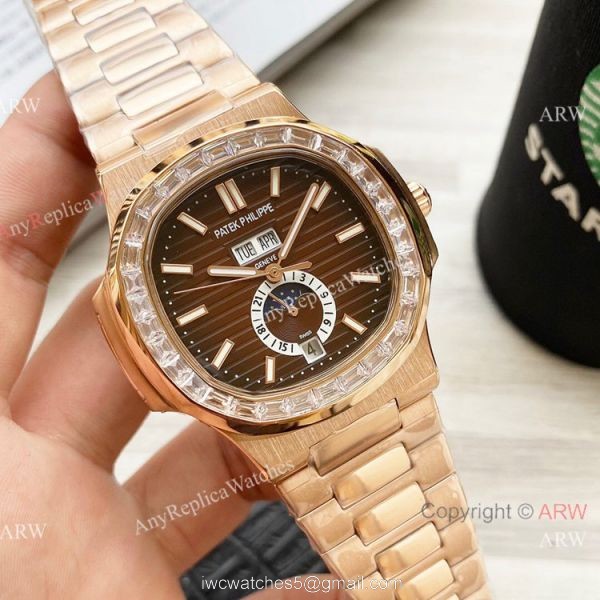 Clone Patek Philippe Nautilus Annual Calendar 42 Watches Rose Gold Diamond Bezel 1