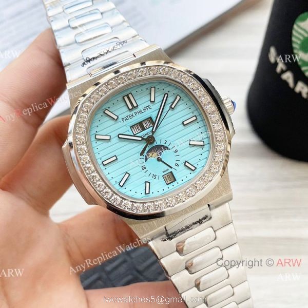 New Clone Patek Philippe Nautilus Annual Calendar Watch Baby Blue Face with Diamonds 1