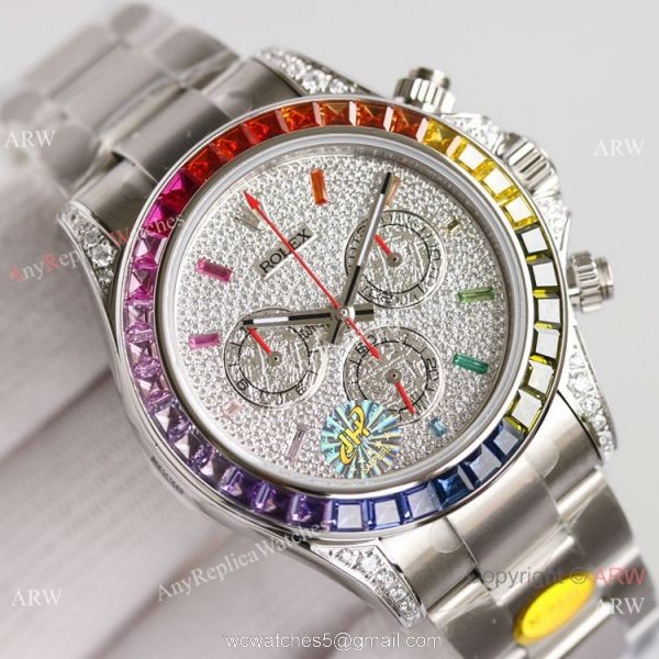 2021 NEW! JH Swiss Rolex Daytona 7750 Watch Rainbow Stainless Steel Full Diamond Face 1