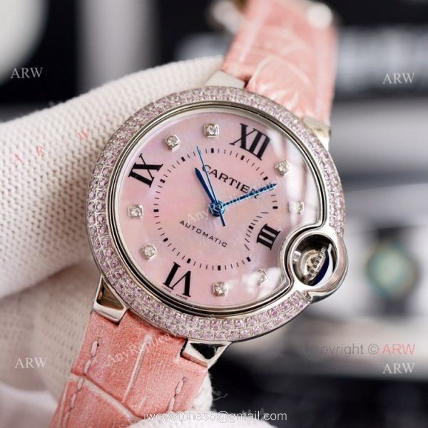 New Cartier Ballon Bleu 33mm With Diamonds Bezel Pink MOP Dial Pink Leather Strap Copy Watch 1