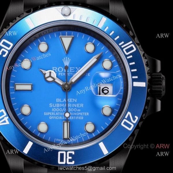 2021! Super Clone Rolex Blaken Submariner Watch Cal.2824 Movement DLC Steel Blue Bezel Blue Dial 1