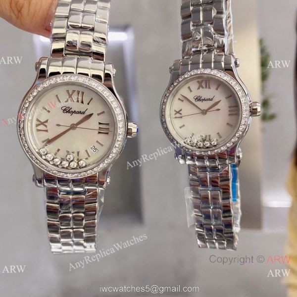 Faux Chopard Happy Sport Quartz Watch Pink Mop Dial Diamond Bezel 1