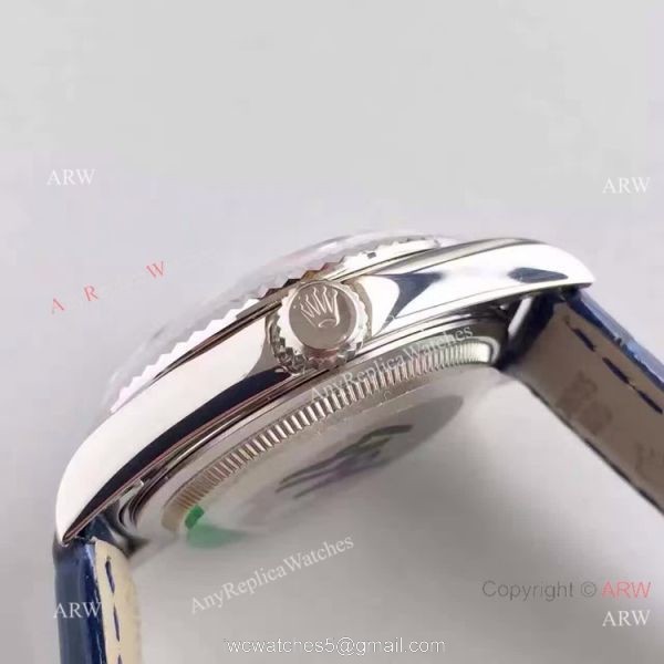 Swiss Copy Rolex SS Day Date Oyster Watch Blue Dial Blue Leather Replica 2