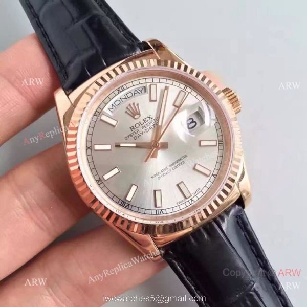 Swiss Copy Rolex Rose Gold Day Date Watch Silver Dial Black Leather Replica 2