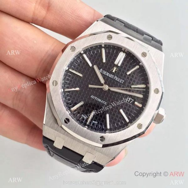 Replica JF Audemars Piguet Royal Oak Ss Black Leather Bracelet AAA Grade Replica Watches Sale 2