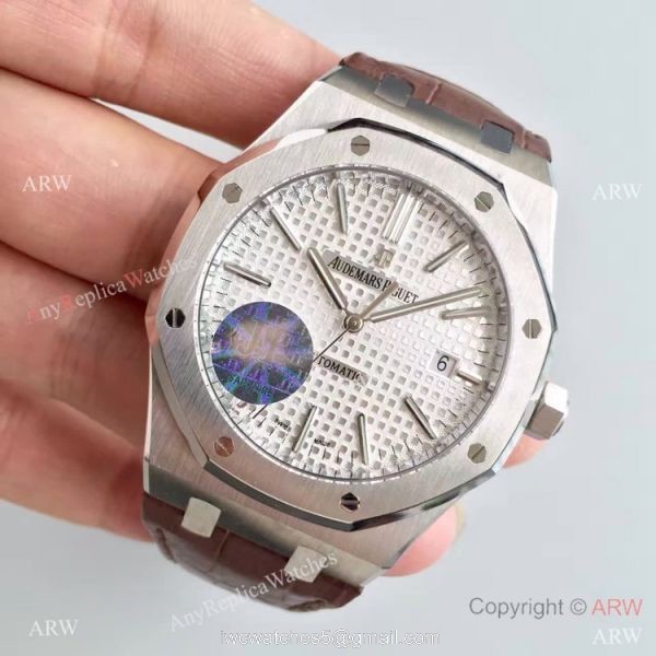 JF Factory Swiss Audemars Piguet Replica Watch Silver Face Brown Leather Band 2