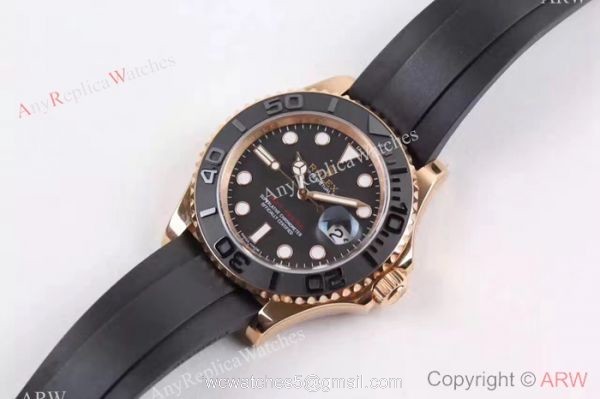 Replica Rolex Yachtmaster Watch Everose Gold Black Rubber Clone ETA2836 2