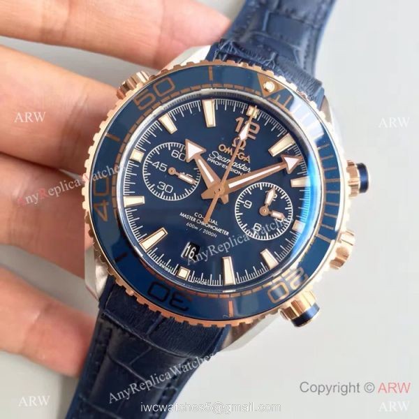 (OM)New Copy Swiss Omega Seamaster 9900 Watch Rose Gold Blue Leather 2