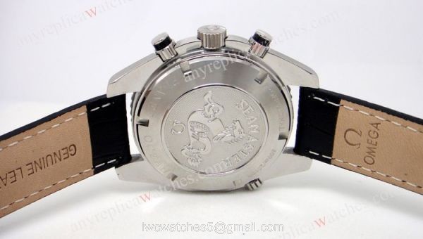 Replica Omega Watch: Omega Seamaster Knockoff Co-Axial Black Chronograph Leather Strap 2