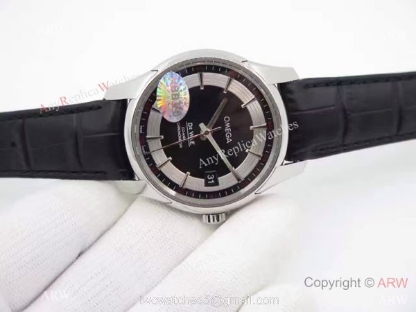 Swiss Omega De Ville Fake SS Black Leather Watch 8500 Movement 2