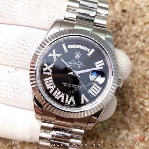High Quality Copy Rolex Day-Date 40MM Watch MingZhu Movement SS Black Diamond Roman Face 2