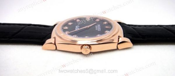Rolex Cellini Rose Gold Black Diamond Markers Black Leather Japan Grade 2