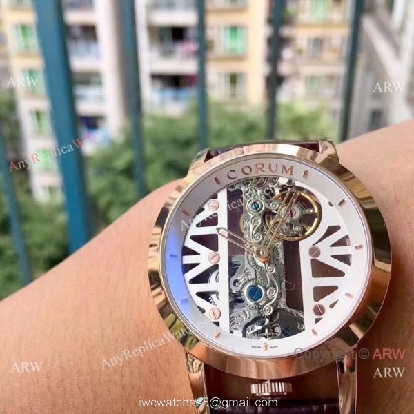 Corum Skeleton Golden Bridge Rose Gold Black Leather Strap Watch 2