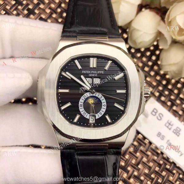 New Patek Philippe Nautilus White Face Annual Calendar Watch Brown Leather Strap 2