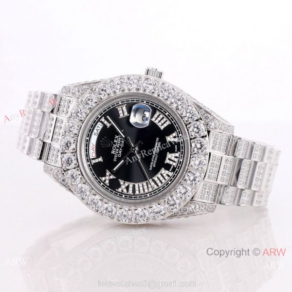Day Date Rolex Diamond Bezel Replica Watch Stainless Steel Black Dial 43mm 2