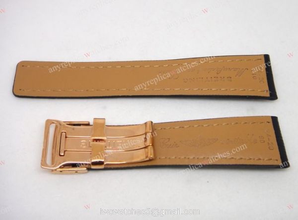 24mm Breitling Replica Watch Bands / Black Real Leather Rose Gold Clasp 2