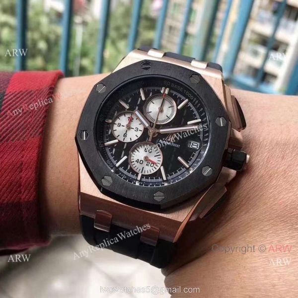 Copy Audemars Piguet Offshore 44mm Watch Rose Gold Black Rubber Strap 2