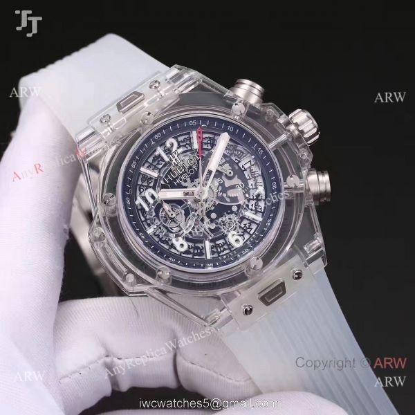 2018 Baselworld Hublot Unico Sapphire Replica White Rubber All Transparent Case Hublot Big Bang Watch 2