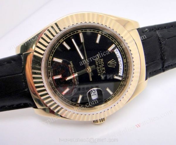 Rolex Day-Date Watch and Black Face Gold Beael Black Leather Strap 2