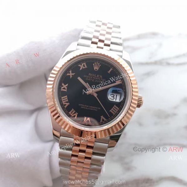 (EW) Replica Rolex Datejust II ETA3255 Watch 2 Tone Rose Gold Rolex Black Roman Dial 2