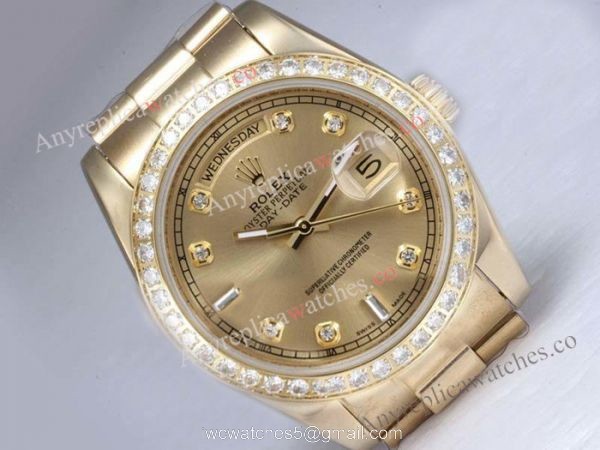 Copy Rolex Gold DayDate Watch Diamond Bezel Gold Face 2