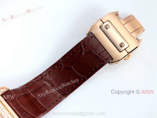 Iced Out Cartier Santos Diamond Watch Automatic Brown Leather Strap 2