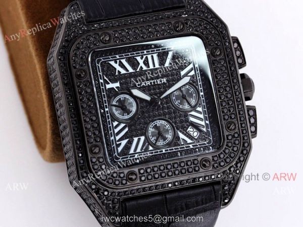 Knockoff Cartier Santos Chronograph Watch Black Diamonds 2