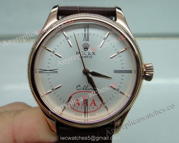 Replica Rolex Cellini Rose Gold White Face Brown Strap Watch 2